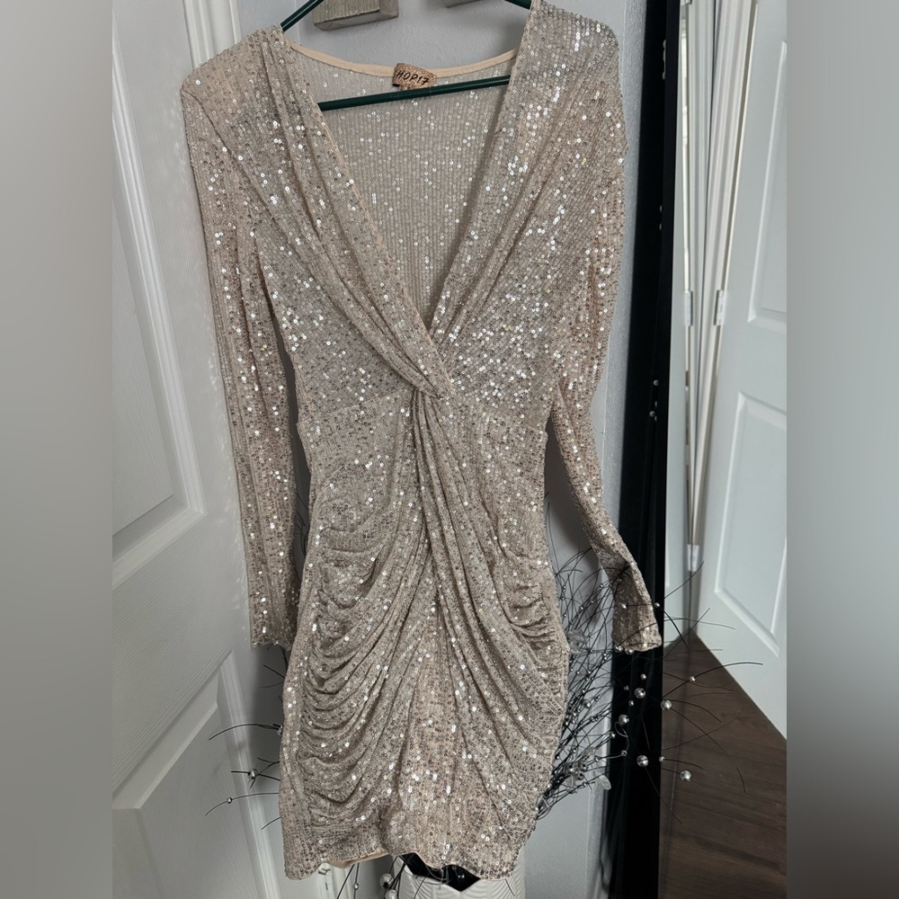 Beaded Twist-Front Long-Sleeve Dress in Champagne